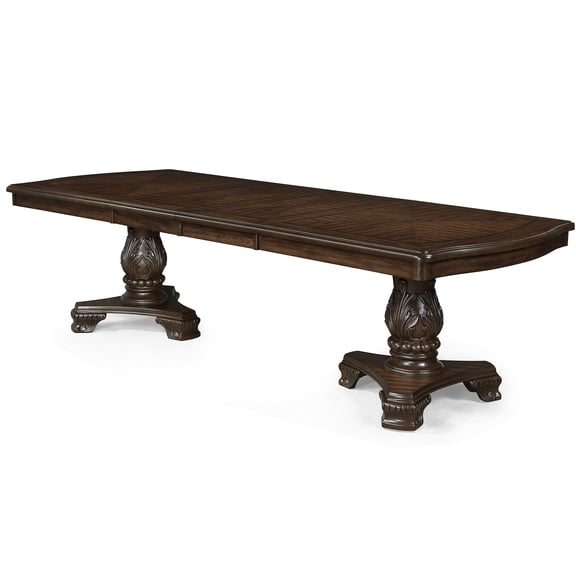 JERFIT Formal Dining Table for 8 with Extension Leaf, Solid Wood Double Pedestal Base, Dark Brown Traditional Rectangular Table