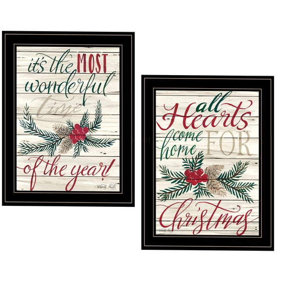 JERFIT Framed Wall Art Print "All Hearts Come Home for Christmas" by Cindy Jacobs, 2-Piece Multicolor Holiday Scene, Ready to Hang Decor