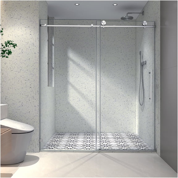 JERFIT Frameless Sliding Shower Door with Soft Close, Brushed Nickel, Anti-Explosion & Nano Easy-Clean Glass for Bathroom