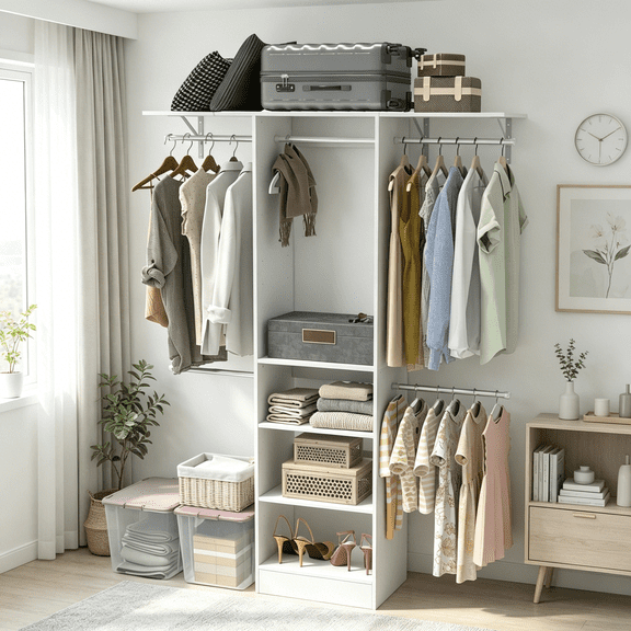 JERFIT Freestanding Closet Organizer System with Adjustable Shelves & Expandable Hanging Rods, Custom DIY Wardrobe Storage Unit for Bedroom