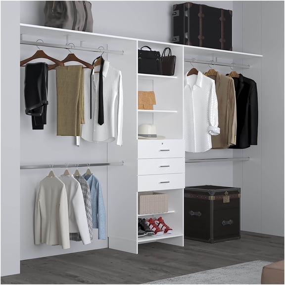 JERFIT Freestanding Closet Organizer with 5 Shelves, 3 Drawers & 4 Hanging Rods, White Wardrobe Storage Cabinet