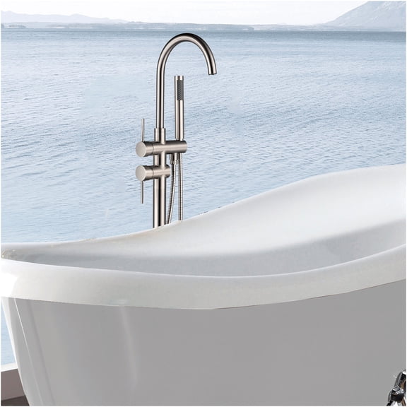 JERFIT Freestanding Modern Bathtub Faucet with Hand Shower, Brushed Nickel Finish, 3.9 GPM High Flow, Durable Metal Construction for Bathroom