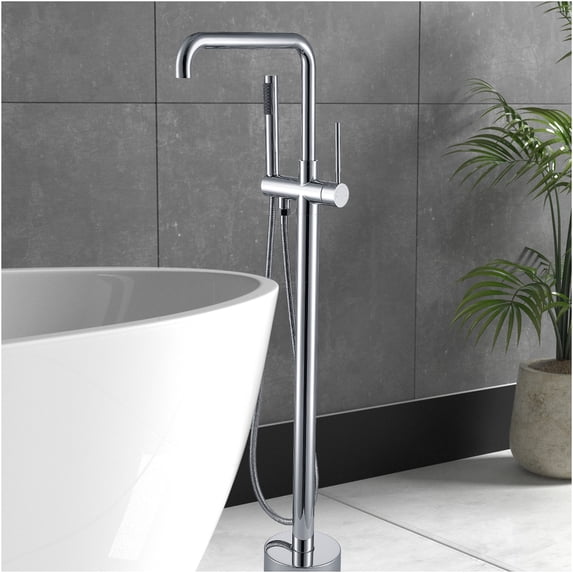 JERFIT Freestanding Tub Filler with Hand Shower, Chrome Finish, 3.9 GPM Flow, Durable Metal Construction for Modern Bathroom