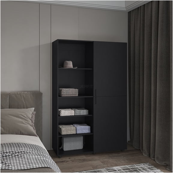 JERFIT Freestanding Wardrobe Armoire with Hanging Rod, Storage Cabinet for Bedroom, Black Finish