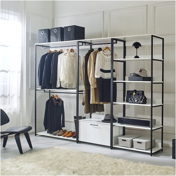 JERFIT Freestanding Wardrobe Closet Organizer System with Metal Frame, White Melamine Storage Cabinet