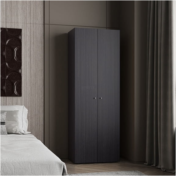 JERFIT Freestanding Wardrobe Closet with 2 Doors & 4 Shelves, Compact Storage Cabinet for Bedroom, Apartment, Laundry Room, Black Organizer