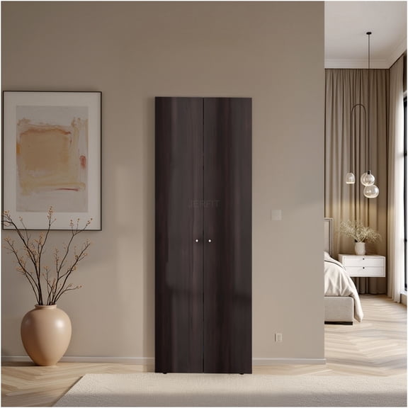 JERFIT Freestanding Wardrobe Closet with Double Doors, 4 Shelves for Bedroom & Apartment Organization, Brown Oak Finish