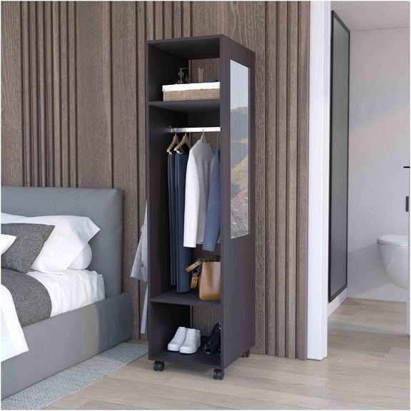 JERFIT Freestanding Wardrobe Closet with Mirror, 3 Shelves & Hanging Rod, Mobile Closet Organizer with Casters for Bedroom, Black