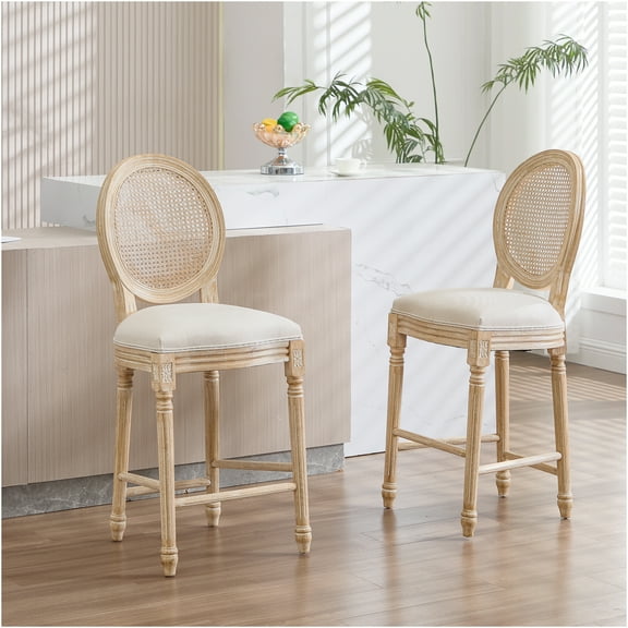 JERFIT French Country Bar Stools Set of 2, Upholstered Counter Height Chairs with Rattan Back, Carved Detailing & Distressed Finish for Kitchen, Dining, Bistro, Cafe