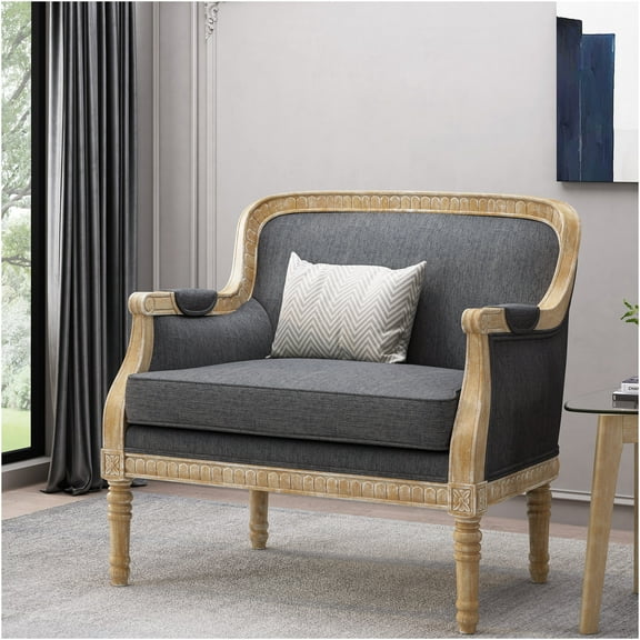 JERFIT French Country Club Chair, Upholstered Fabric Armchair with Weathered Finish for Living Room, Bedroom, Study, Charcoal