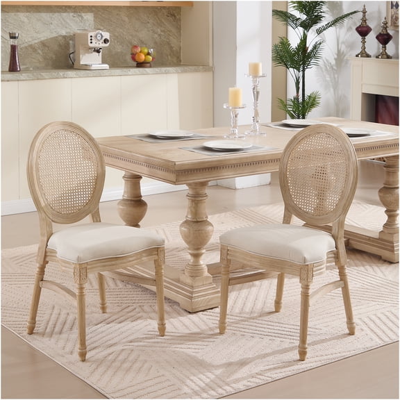 JERFIT French Country Dining Chairs Set of 2, Beige Upholstered Kitchen Side Chairs with Rattan Back, Carved Wood Legs, Stackable Design for Dining Room, Cafe