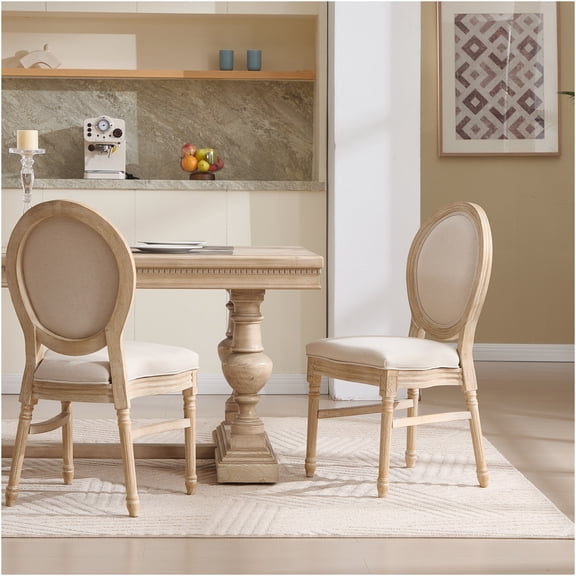 JERFIT French Country Dining Chairs Set of 2, Upholstered Fabric Side Chairs with Carved Wood Legs and Round Back, Stackable Design for Kitchen, Dining Room, Cafe