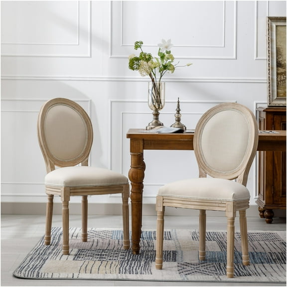 JERFIT French Country Dining Chairs, Set of 2, Beige Upholstered Oval Back Side Chairs with Solid Wood Frame for Kitchen, Dining Room