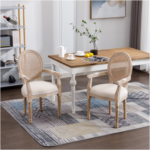 JERFIT French Country Dining Chairs Set of 2, Cream Upholstered Armchairs with Rattan Back, Vintage Style Kitchen Side Chairs, Solid Wood Frame