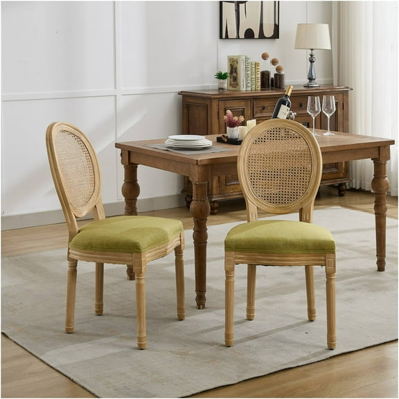 JERFIT French Country Dining Chairs Set of 2, Olive Green Upholstered Side Chairs with Rattan Back & Antique Finish for Kitchen, Dining Room