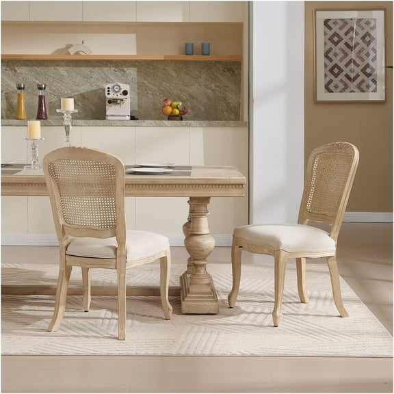 JERFIT French Country Dining Chairs Set of 2, Upholstered Side Chairs with Rattan Back, Carved Wooden Legs for Kitchen, Dining Room, Cafe
