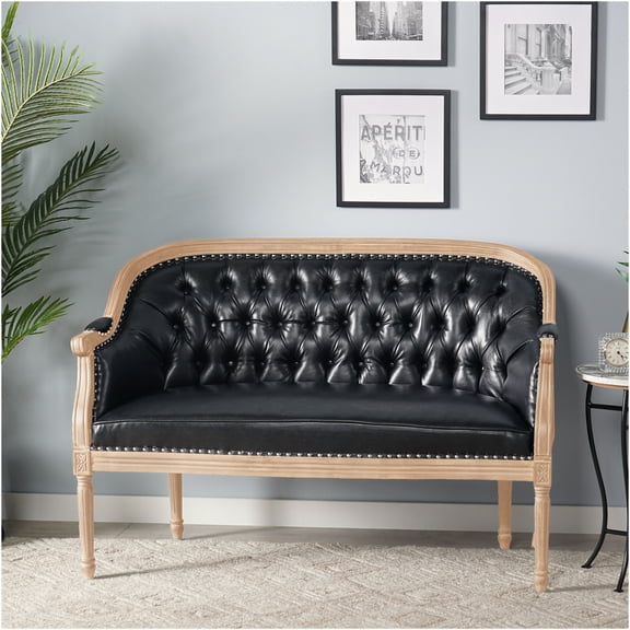 JERFIT French Country Loveseat Chair with Tufted Back and Nailhead Trim, Black PU Leather Upholstered Sofa for Living Room