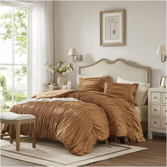 JERFIT French Country Twin Comforter Set - Brown Ruffled Microfiber Bedding with Bows, All-Season Lightweight & Ultra Soft