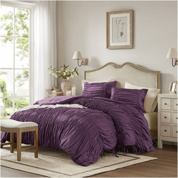 JERFIT French Country Twin Comforter Set, Purple Ruffled Bedding Set with Shams, Ultra-Soft Microfiber All-Season Duvet Insert