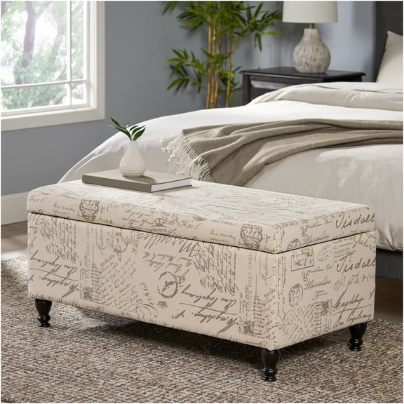 JERFIT French Script Upholstered Storage Ottoman Bench with Carved Wood Legs, Multifunctional Foot Rest Stool for Living Room, Bedroom & Entryway