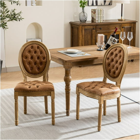 JERFIT French Style Dining Chairs Set of 2, Orange PU Leather Upholstered Side Chairs with Nailhead Trim and Solid Wood Legs for Kitchen Dining Room