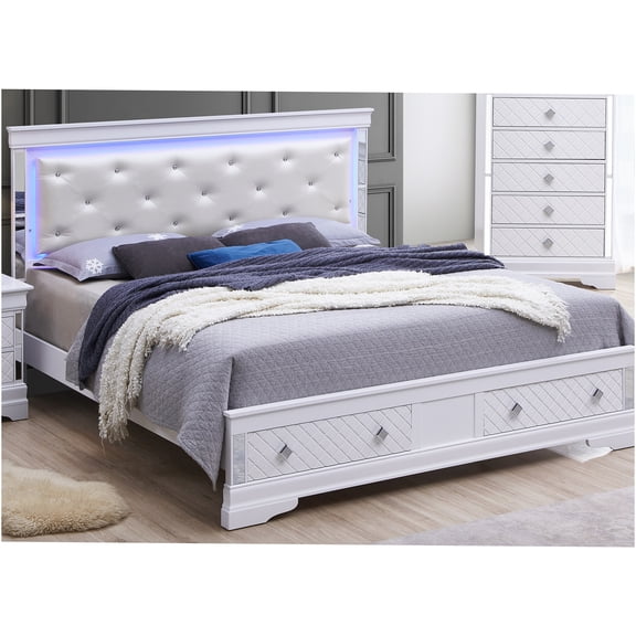 JERFIT Full Bed with LED Headboard, Modern Faux Leather Upholstered Platform Bed Frame, Wood Construction, Champagne Finish