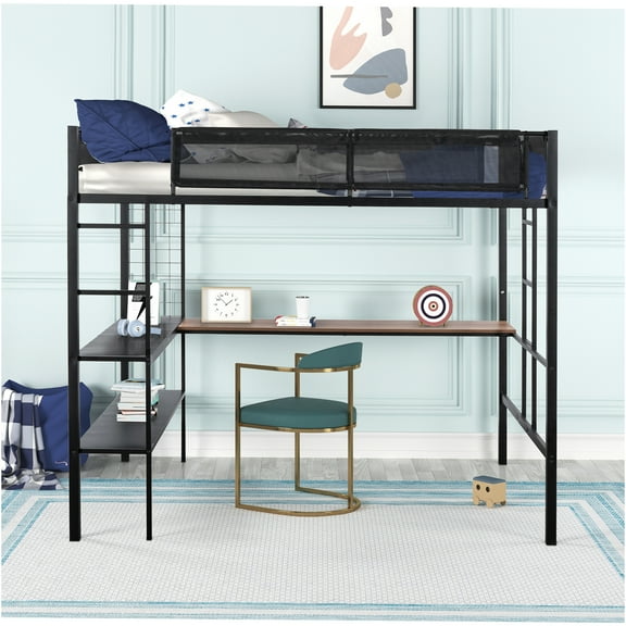 JERFIT Full Loft Bed with Desk, Shelves, Wood Slats, Guardrail