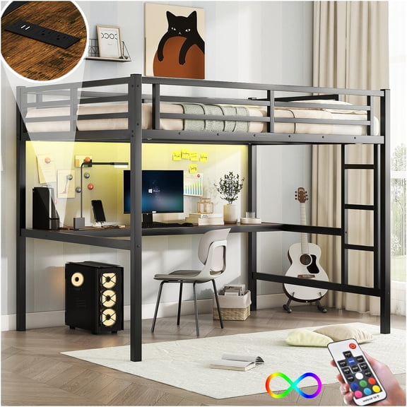 JERFIT Full Loft Bed with Power Outlet, LED, Black