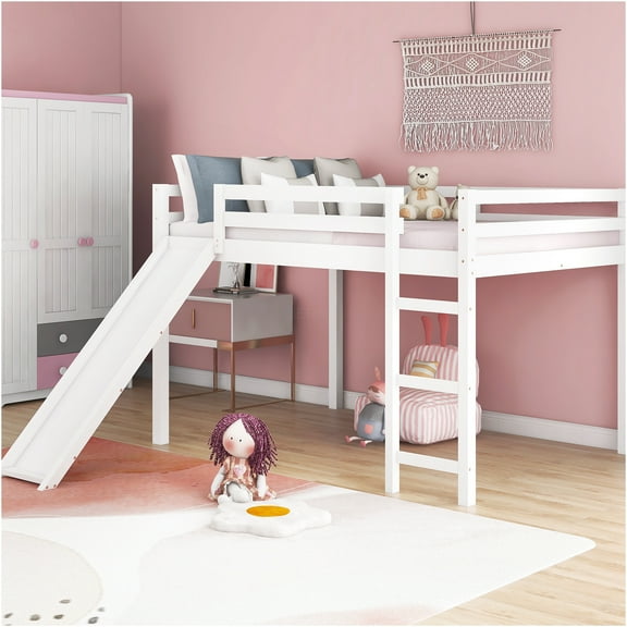 JERFIT Full Loft Bed with Slide, Multifunctional, White