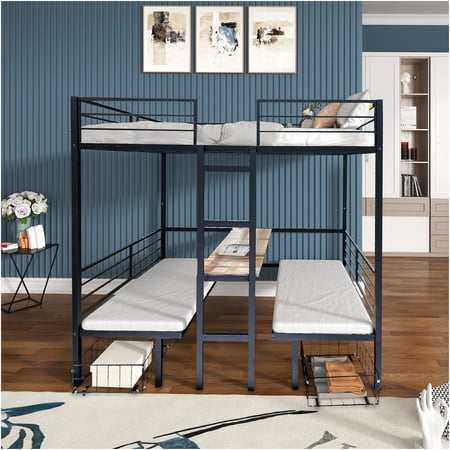JERFIT Full Loft Bed with Table Set, Transformable to Bunk