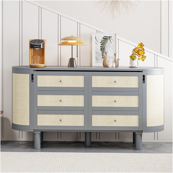 JERFIT Full Murphy Bed with Storage Cabinet, Space Saving Wall Bed with Woven Rattan Doors, Modern Fold Up Bed Frame for Home Office, Guest Room, Gray