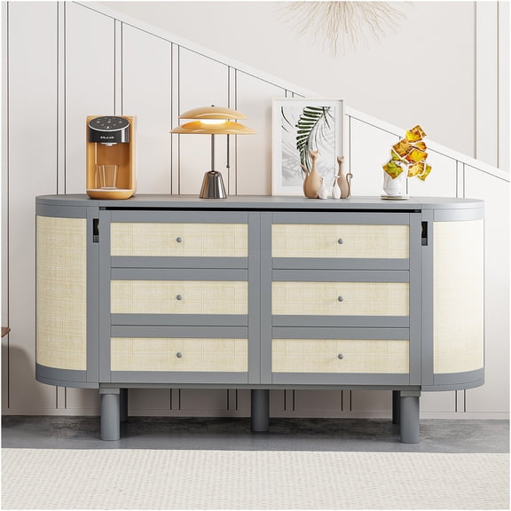 JERFIT Full Murphy Bed with Storage Cabinet, Space Saving Wall Bed with Woven Rattan Doors, Modern Fold Up Bed Frame for Home Office, Guest Room, Gray