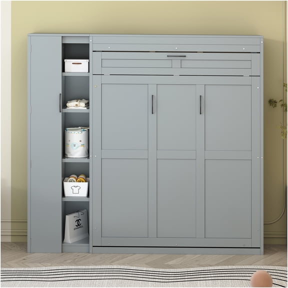 JERFIT Full Murphy Bed Wall Unit with Shelves, Wardrobe LED Lighting, Space Saving Cabinet Bed, Gray Finish