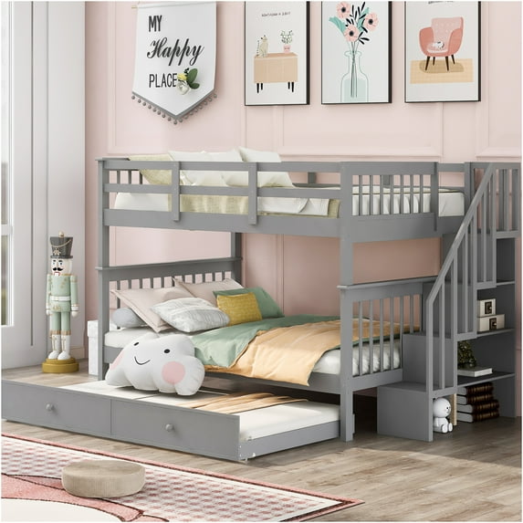 JERFIT Full-Over-Full Bunk Bed with Twin Trundle, Staircase with Storage Drawers, Guard Rail, Solid Wood Frame for Space Saving