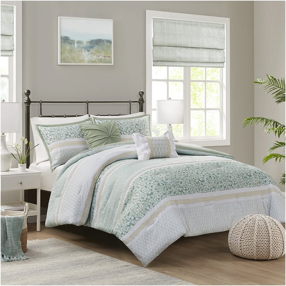 JERFIT Full Queen 5-Piece Comforter Set, Farmhouse Style Seersucker Bedding with Ruffled Pillows, Green Floral Botanicals, Hypoallergenic & Antimicrobial