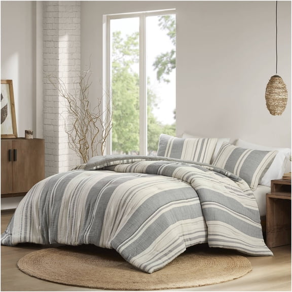 JERFIT Full Queen Comforter Set 3-Piece, Grey Waffle Weave Bedding, All-Season Down Alternative Comforter with Shams, Soft 100% Cotton, OEKO-TEX Certified