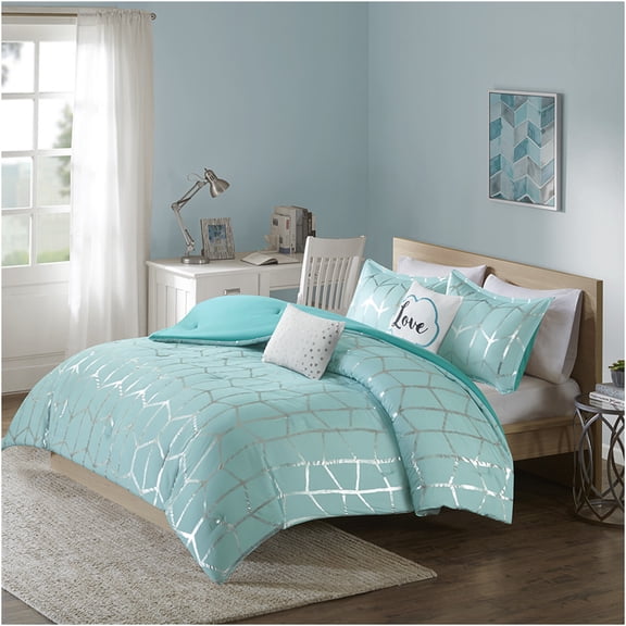 JERFIT Full Queen Comforter Set, Geometric Metallic Print Bedding Set with Shams & Pillows, Ultra-Soft Microfiber, Aqua Silver, Antimicrobial