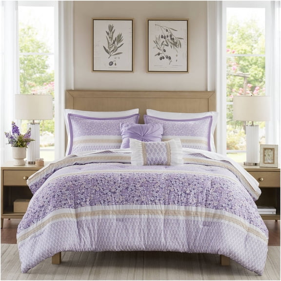JERFIT Full Queen Comforter Set with Ruffled Pillows, Floral Seersucker Bedding Set, 5-Piece Farmhouse Style Microfiber Duvet Cover Set with Shams, Hypoallergenic & Machine Washable