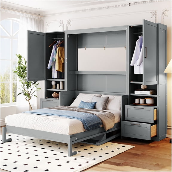 JERFIT Full Queen Murphy Bed Wall Bed with Built-in Closet, Storage Drawers Shelves, Space Saving Cabinet Bed in Modern Gray