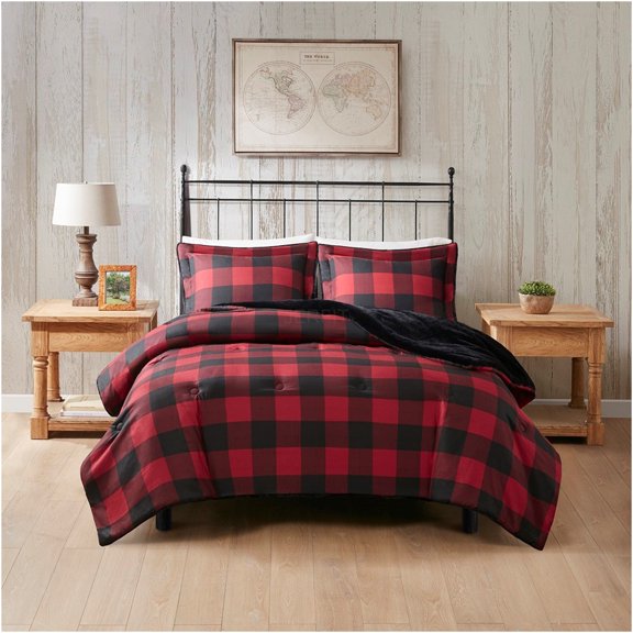 JERFIT Full Queen Reversible Comforter Set with Shams, Plaid Faux Wool & Faux Fur, All Season Down Alternative Bedding, Machine Washable, OEKO-TEX Certified