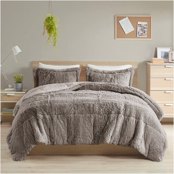 JERFIT Full Queen Shaggy Faux Fur Comforter Set, Plush Fluffy Bedding Set with 2 Shams, Grey Ultra Soft Hypoallergenic Down Alternative
