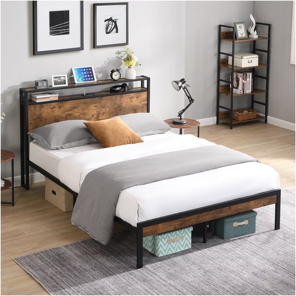 JERFIT Full Size Bed Frame with Headboard, USB Charging Ports, No Box Spring Needed, High Storage Platform Metal Bed, Easy Assembly