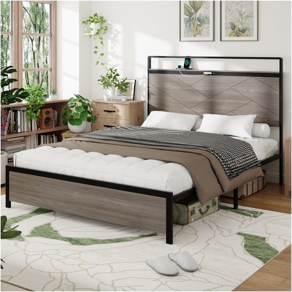 JERFIT Full Size Bed Frame with LED Headboard USB Charging, Storage Platform Bed, Antique Grey, No Box Spring Needed, Noise Free, Tool Included