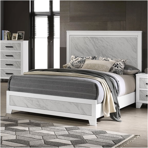 JERFIT Full Size Bed Frame with Upholstered Headboard, Modern White Faux Marble Platform Bed with Wood Slat Support, No Box Spring Needed
