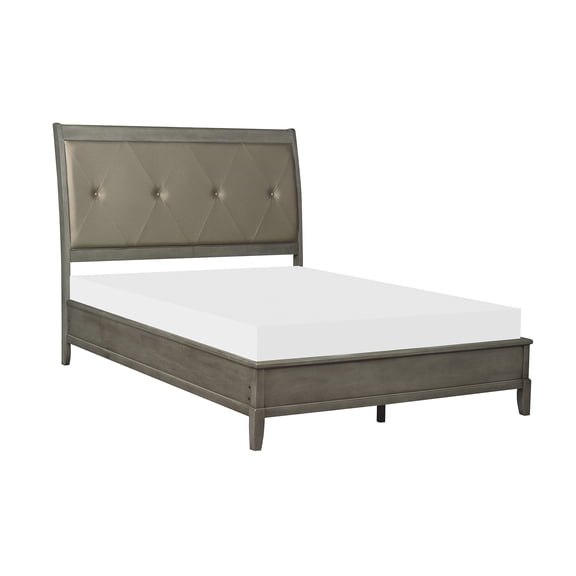 JERFIT Full Size Bed Frame with Upholstered Headboard, Transitional Gray Faux Leather Button Tufted Bedroom Furniture, Wood Foundation Required