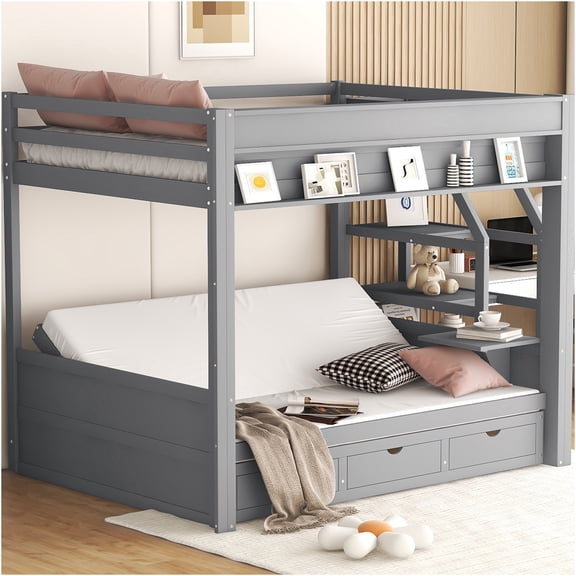 JERFIT Gray Full Size Convertible Bunk Bed with Storage Stairs, 3 Drawers & Nightstand, Multifunctional Space-Saver Furniture