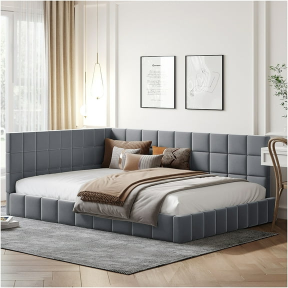 JERFIT Full Size Daybed Sofa Bed Frame, Velvet Upholstered Sleeper with Backrest, Gray Modern Convertible Couch for Living Room, Guest Room