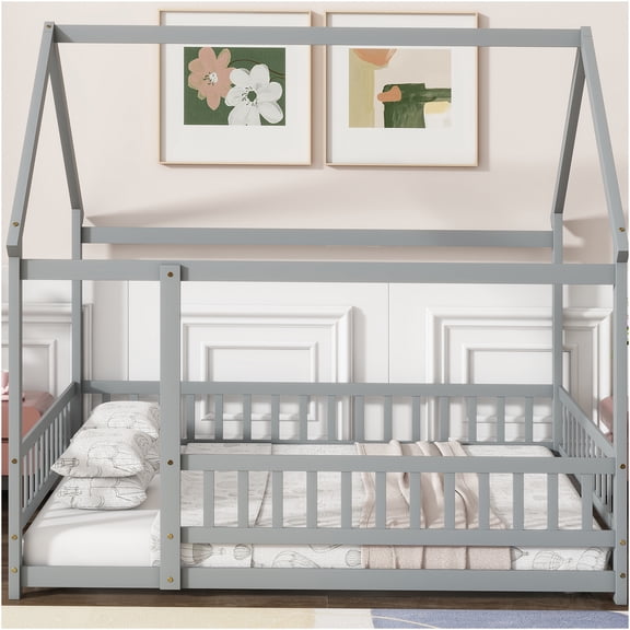 JERFIT Full Size Floor Bed with House Roof Frame Safety Rails, Low Profile Platform Bed Frame, Grey