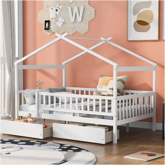 JERFIT Full Size House Bed Frame with Storage Drawers, White Wood Platform Bed with Headboard, No Box Spring Needed