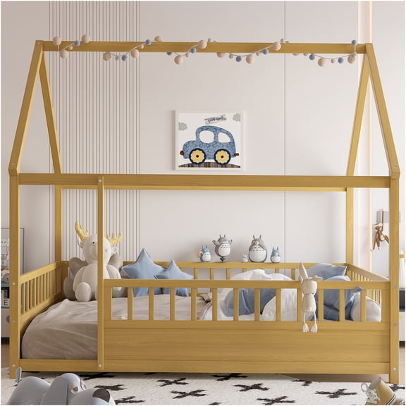 JERFIT Kids Full Size Floor Bed with Roof House Frame & Safety Guardrails, Natural Wood Pine Playhouse Bed for Children's Bedroom
